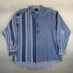 Vintage Wrangler Denim Western Shirt Mens 17.5x36 Blue Band Collar Striped 90s